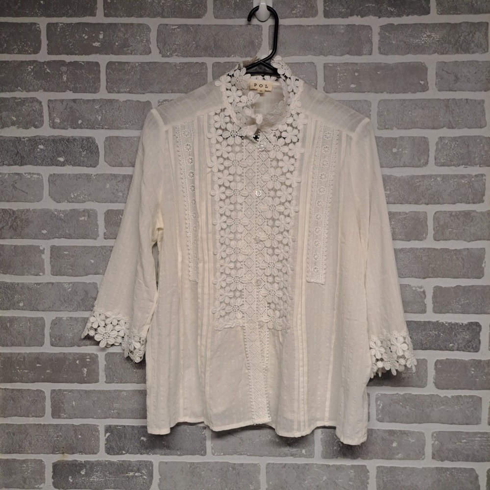 POL Womens Boho White Crochet Lace Button Up Blouse Shirt Festival Beach Small‎